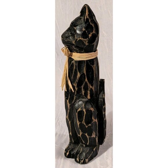 Hand Carved Cat Figure Wooden Black Rustic Distressed Folk Art Raffia Ribbon Vtg - Picture 10 of 16
